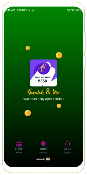 Screenshot of Scratch & Win app showing scratch card interface with golden coins and winning amounts